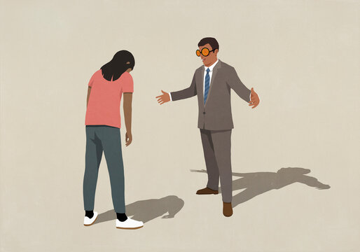 Businessman with spinning goggles talking to dejected woman
