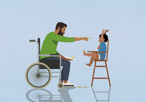 Father in wheelchair feeding messy baby in high chair
