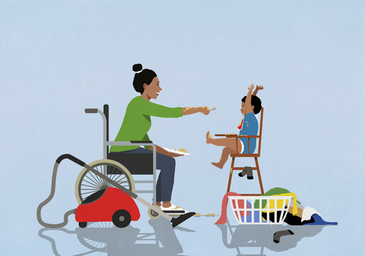 Mother taking a break from chores, feeding baby in high chair

