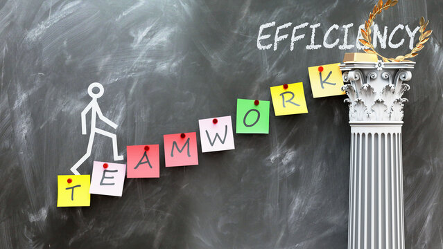 Teamwork leads to Efficiency - a metaphor showing how teamwork makes the way to reach desired efficiency. Symbolizes the importance of teamwork and cause and effect relationship.,3d illustration