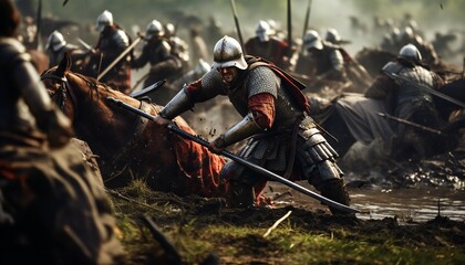 Medieval battle with knights and horses illustration - obrazy, fototapety, plakaty
