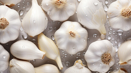 Fresh garlic with water drops background. Vegetables backdrop. Generative AI