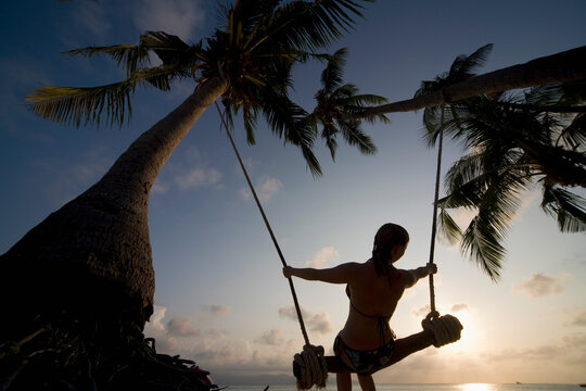 Young woman at sunset on a swing between palm trees, Thailand
