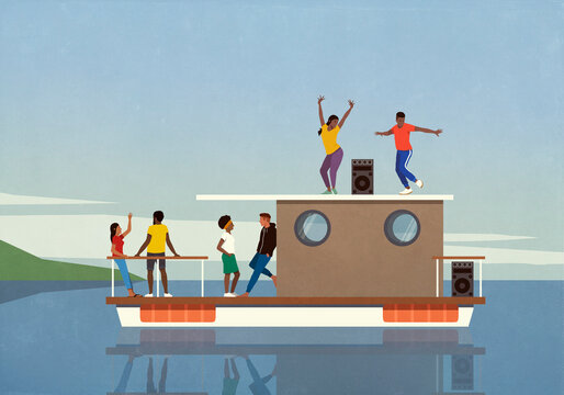 Happy young people listening to music and dancing on lake houseboat, enjoying summer getaway
