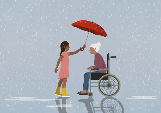 Caring girl holding umbrella over senior woman in wheelchair, protecting her from rain
