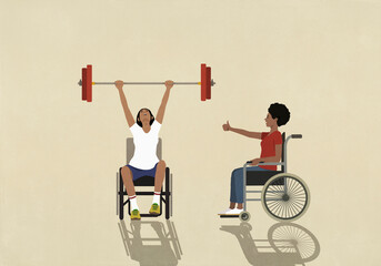 Woman in wheelchair cheering for strong, determined friend weightlifting barbell overhead
