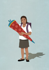 Portrait smiling schoolgirl holding dunce cap on blue background
