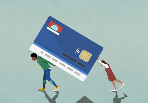 Couple carrying and pushing large, heavy credit card debt burden
