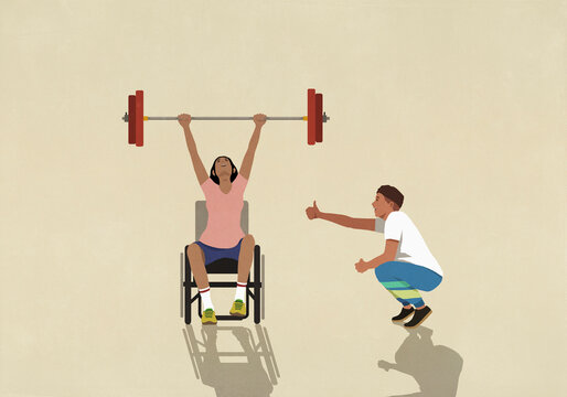 Supportive boyfriend cheering strong girlfriend in wheelchair weightlifting barbell overhead
