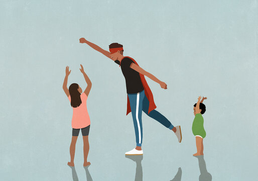 Kids cheering for determined father in superhero costume
- Powered by Adobe