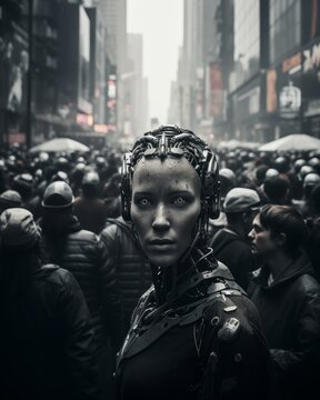 Portrait einer Roboterfrau in einer mit Menschen gef&uuml;llten engen Einkaufsstra&szlig;e einer distopischen Gro&szlig;stadt
