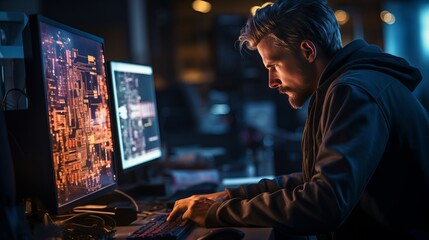 Computer Hacker sitzt in einem abgedunkelten Raum vor einem Computer Monitor und arbeitet - obrazy, fototapety, plakaty