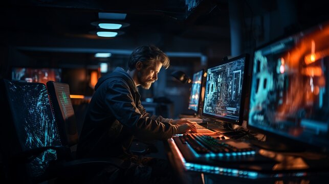 Junger Mann mit Bart sitzt in einem abgedunkelten und mysteri&ouml;s ausgeleuchteten Raum vor einem Computer mit mehreren Monitoren und arbeitet