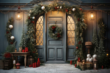 Fototapeta na wymiar Entrance door to the house, decoration for Christmas exterior