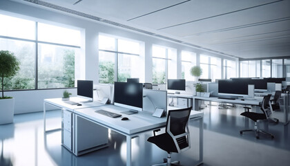 Contemporary Open Space Office Featuring White Computer Monitors