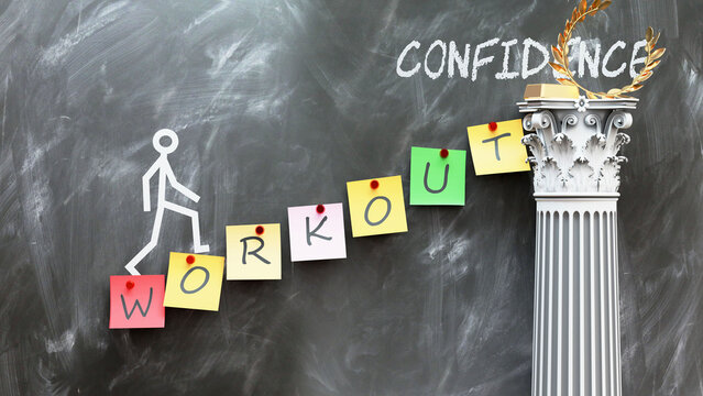 Workout leads to Confidence - a metaphor showing how workout makes the way to reach desired confidence. Symbolizes the importance of workout and cause and effect relationship.,3d illustration