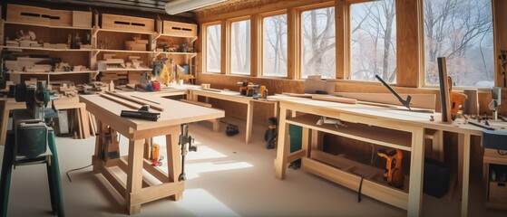 Contemporary Woodworking Space with Wall-Mounted Tools
