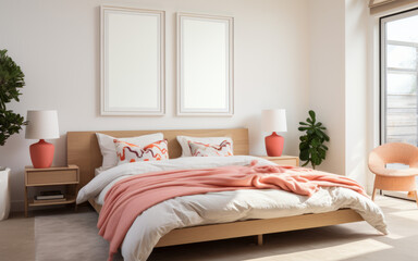 Scandinavian interior design of modern bedroom with two blank poster mockup frames. Cozy stylish interior with bed.