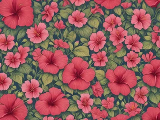 Fotobehang Hibiscus Seamless Tropical flowers background Wallpaper. Generative AI © Creatively