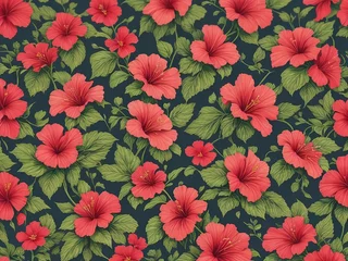 Möbelaufkleber Hibiscus Seamless Tropical flowers background Wallpaper. Generative AI © Creatively