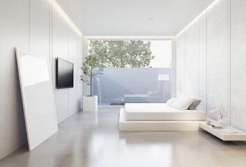 Fototapeta na wymiar minimal interior of the bedroom with a white base tone. 3D illustration render