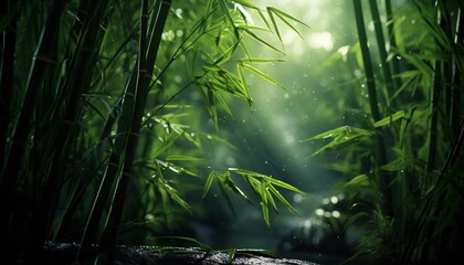 Bamboo Trees with Fresh Green Foliage in the Forest After the Rain