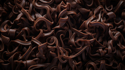 Dark chocolate curls background. Flat lay composition. Generative AI