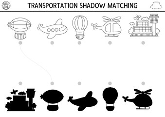 Transportation black and white shadow matching activity. Air transport line puzzle with zeppelin, plane, helicopter, airport. Find correct silhouette printable worksheet. Coloring page for kids. © Lexi Claus