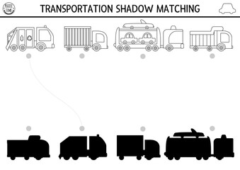 Fototapeta na wymiar Transportation black and white shadow matching activity. Transport line puzzle with cute trucks. Find correct silhouette printable worksheet or game. Funny coloring page for kids with lorry.