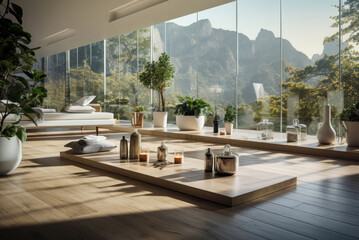 Fototapeta premium Yoga and meditation room on a wooden floor
