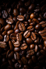 Fresh coffee beans banner. Coffee beans background. Close-up food photography