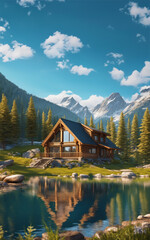 Beautifull wood cabin in Switzerland with a lake in front on mountains (Ai generative)