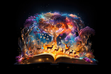 Spell book. Magically glowing old book. Fairy tale come to life