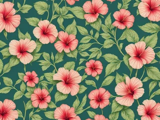 Foto op Canvas Hibiscus Seamless Tropical flowers background Wallpaper. Generative AI © Creatively