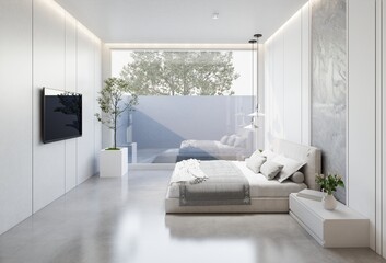 minimal interior of the bedroom with a white base tone. 3D illustration render