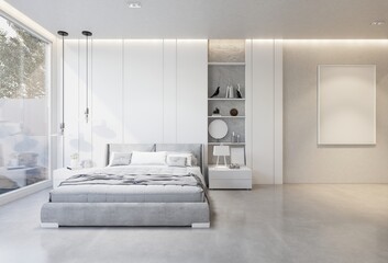 minimal interior of the bedroom with a white base tone. 3D illustration render