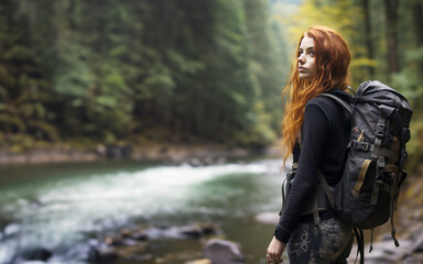 Handsome female tourist with red hair and large backpack on hiking trail in woods next to river. Beautiful woman walking in woods, break from work, time to reflect alone with herself.