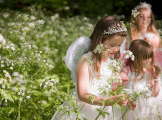Young girls in fancy dress in a flower garden
