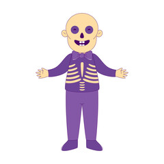 Lined Kid in Halloween Skull Costume, Cartoon Character