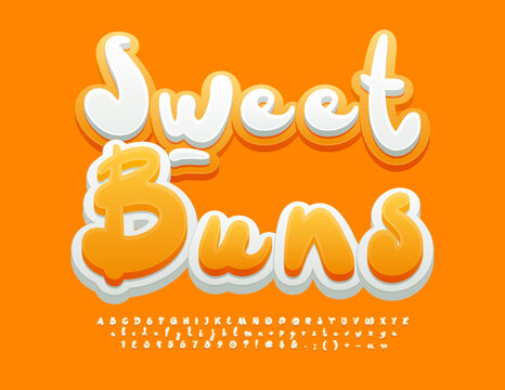 Vector advertising Banner Sweet Buns. Funny artistic Font. Creative Alphabet Letters, Numbers and Symbols set
