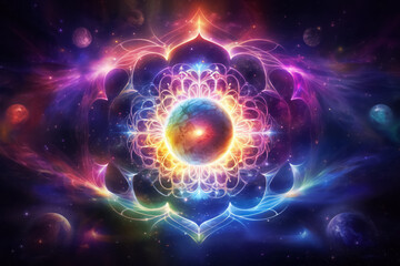 Obraz premium Chakra spiritual cosmic energy flow. Transcendental experience, meditation, esoteric concept.