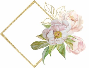 Composition of isolated elements (watercolor peony flower, gold frame, graphic elements) on a white background. Part of the set "Wedding watercolors".