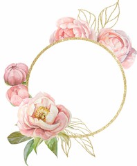 Composition of isolated elements (watercolor peony flower, gold frame, graphic elements) on a white background. Part of the set 