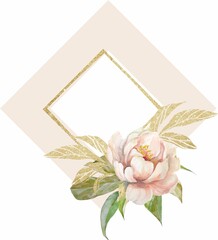 Composition of isolated elements (watercolor peony flower, gold frame, graphic elements) on a white background. Part of the set "Wedding watercolors".