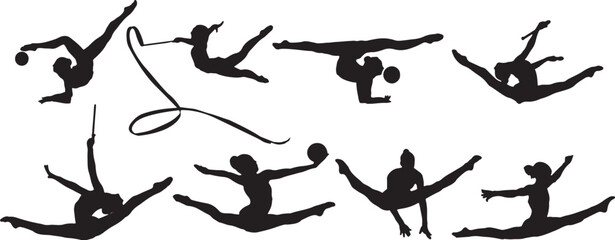 Women's Artistic Gymnastics Vector Collection - Silhouettes, Elegant Gymnast Silhouette Vector Art - Female Athletes, Elegant Gymnast Poses - Vector Silhouette Collection