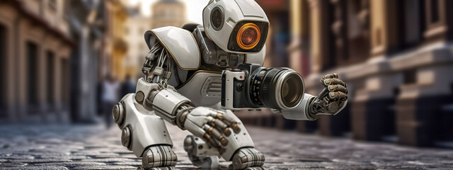 Fototapeta premium robot photographer in the streets of the city, the concept of robots replacing human professions, banner