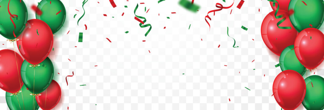 Christmas Red And Green Balloons Banner, Isolated On Transparent Background