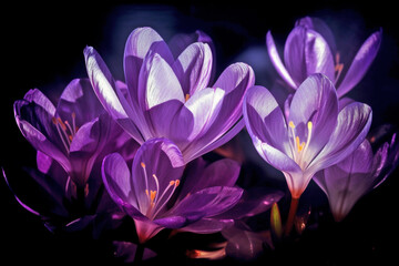 Purple crocus spring flowers on dark background. 