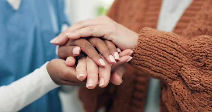 Caregiver, holding hands and comfort cancer patient, sick and disease in hospital. Nurse, support and help person, empathy and kindness in trust, healthcare and hope for medical healing in closeup
