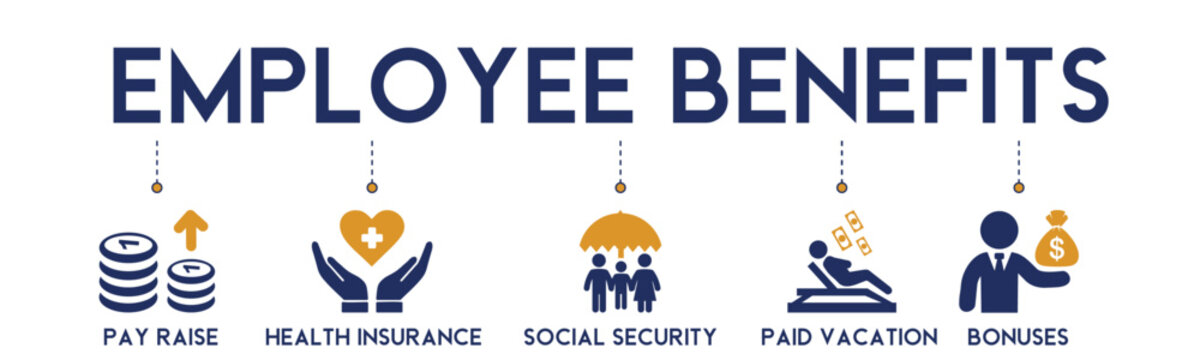 Employee benefits banner website icons vector illustration concept with an icons of pay raise, health insurance, social security, paid vacation, bonuses on white background